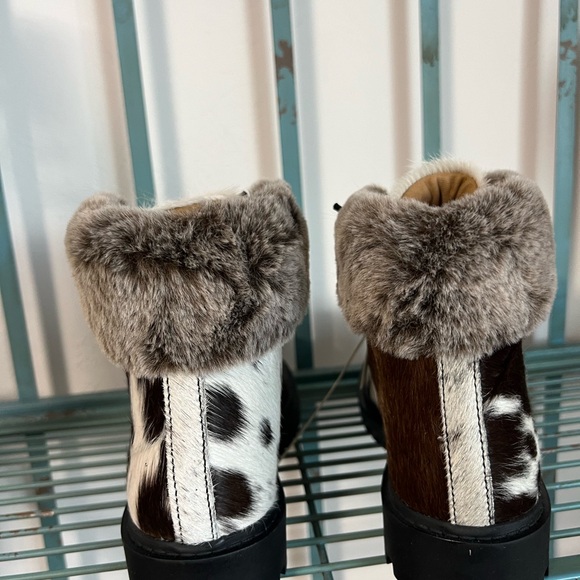 Genuine Cowhide & Leather Bootie Fur combat ankle boot chocolate brown sz 7 new - Picture 7 of 8